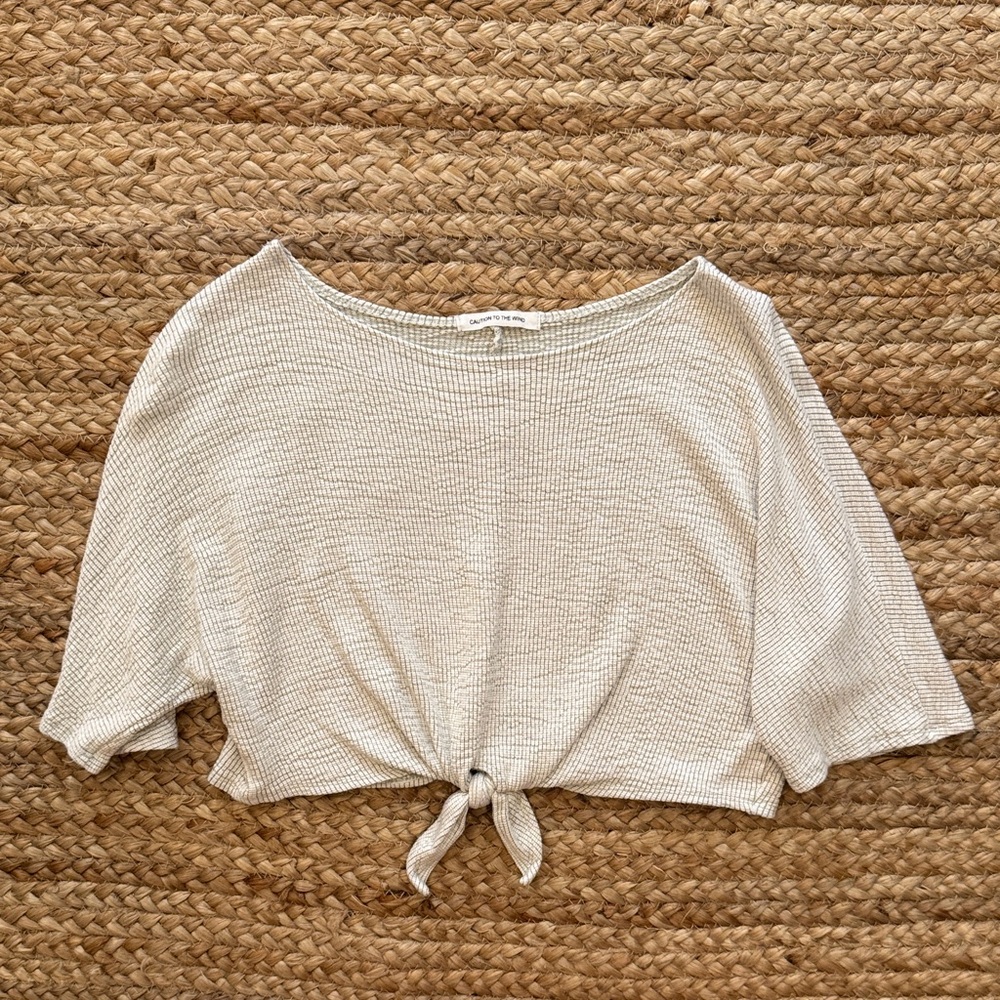 Caution To The Wind Beige Tie-Front Crop Top